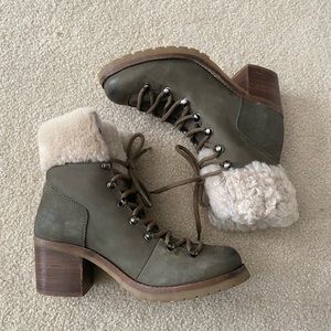 Steven By Steve Madden Green leather lace-up heeled booties with faux fur